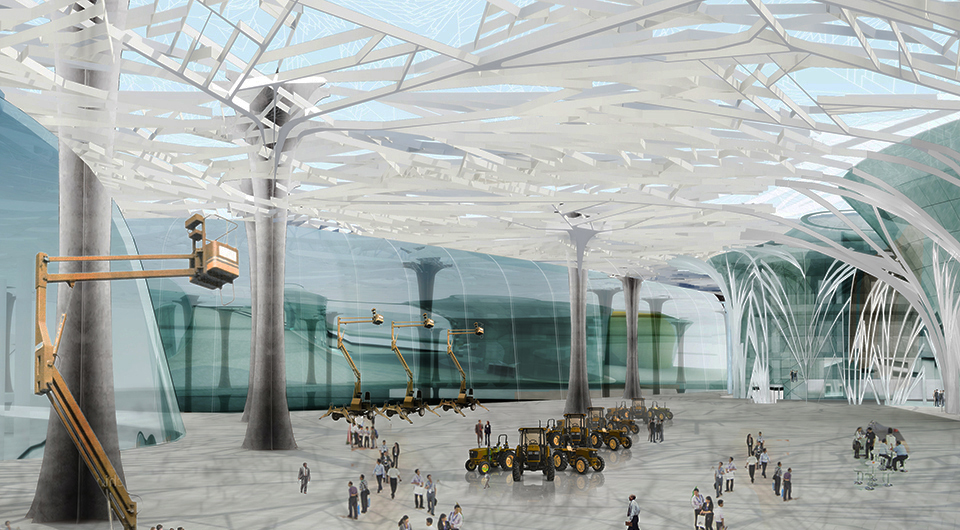 Shading canopy with branching steel trellis.